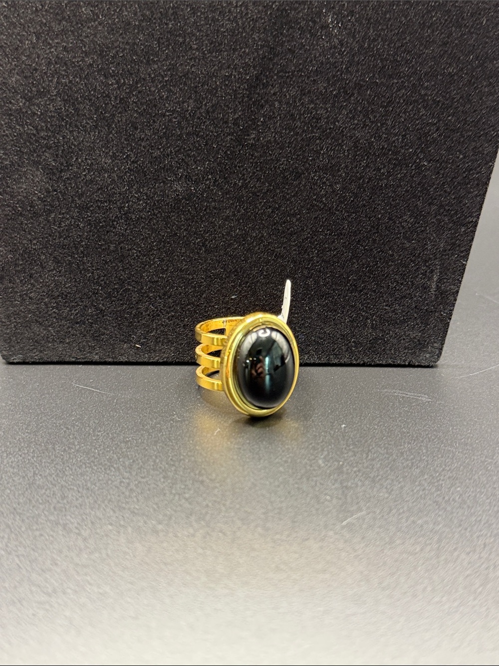 Gold Tone Ring with Black Oval Stone - Women's Fashion Jewelry